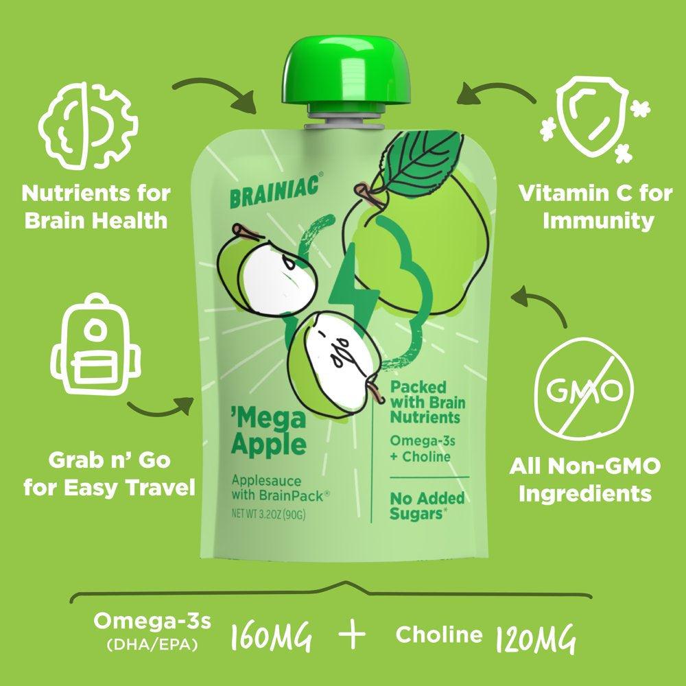 Brainiac Omega-3 Applesauce, Apple, No Sugar Added, 3.2 Oz, 10 Ct