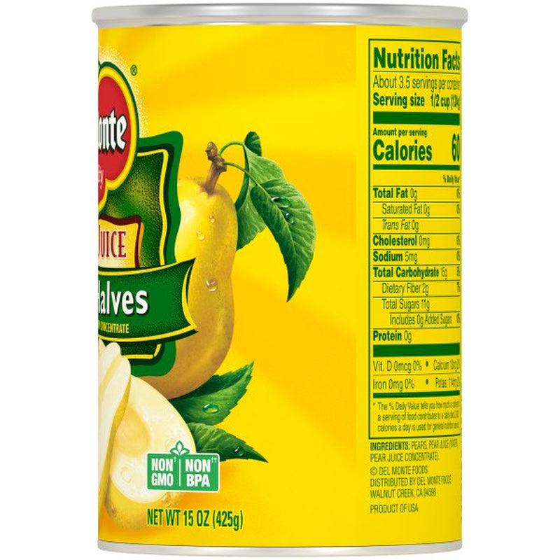 Del Monte Bartlett Pear Halves, 100% Juice, Canned Fruit, 15 Oz Can