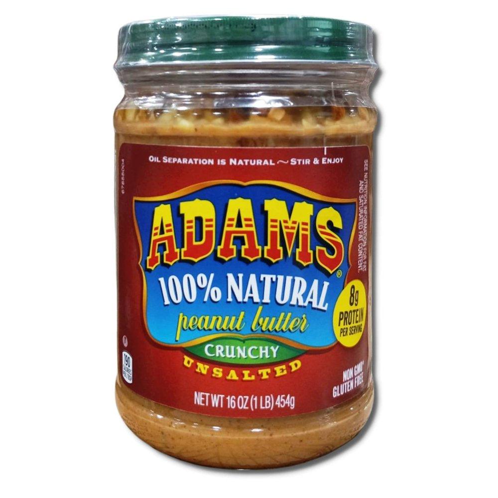 Adams 100% Natural Unsalted Peanut Butter | Crunchy | 16 Ounce Jar | Pack of 3