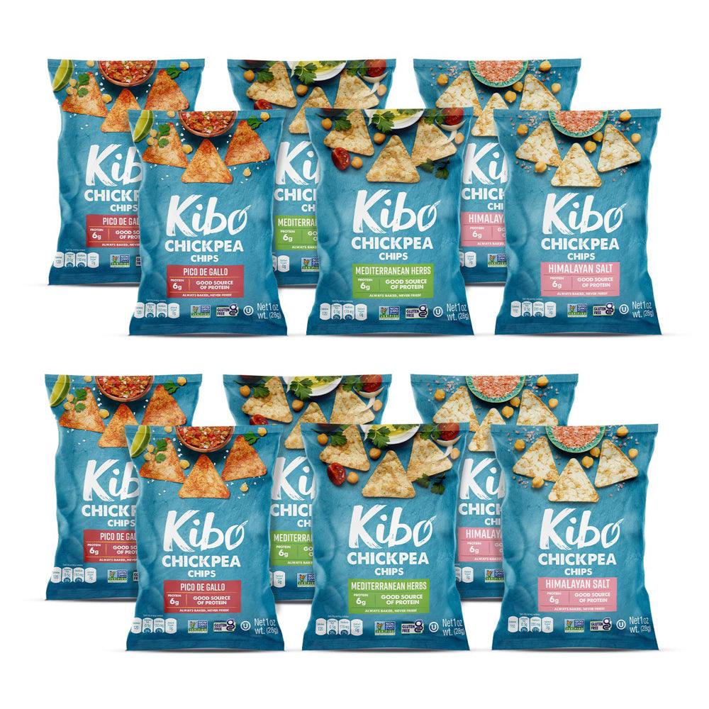 12-Pack Kibo Foods Chickpea Chips Super Snack Set (Himalayan Salt, Mediterranean Herbs, Pico De Gallo)| Gluten Free, Plant-Based, High Protein, Vegan Snacks, Non-Gmo, Kosher 1Oz Bags| Kibo Foods