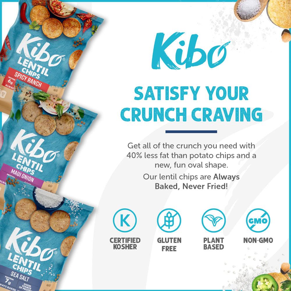 12-Pack Kibo Foods Lentil Chips Super Snack Set (Sea Salt, Maui Onion, Spicy Ranch)| Gluten Free, Plant-Based, High Protein, Vegan Snacks, Non-Gmo, Kosher 1Oz Bags| Kibo Foods