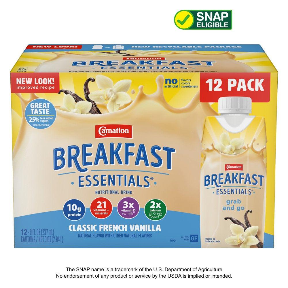 Carnation Breakfast Essentials Nutritional Drink, Classic French Vanilla, 10 G Protein, 12 - 8 Fl Oz Cartons