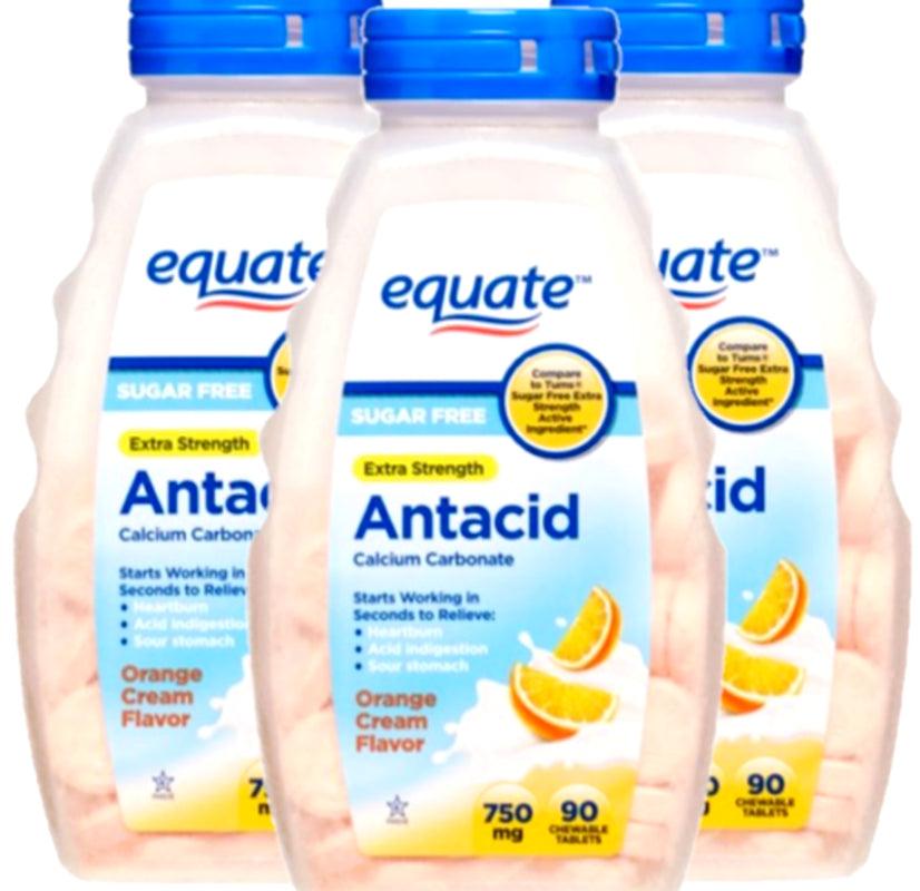 3 X Equate Extra Strength Sugar-Free Antacid Chewable Tablets 750Mg 90 Ct Orange