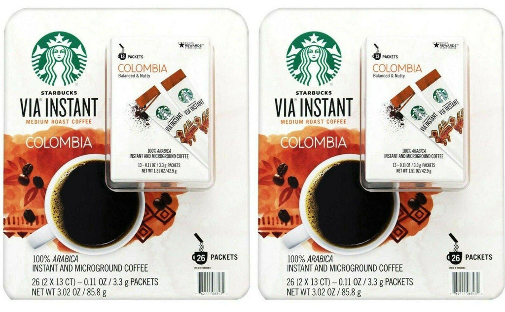 2 X Starbucks via Instant Columbia Coffee Medium Roast 26 Ct Each, Total 52 Ct