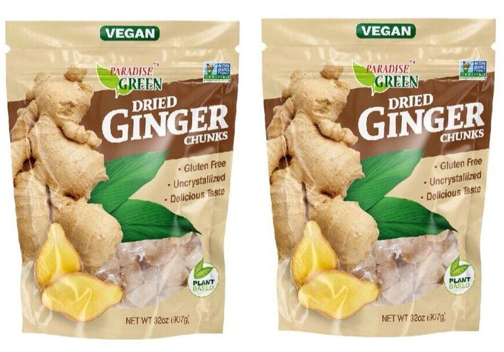 2 Packs Paradise Green Dried Ginger Chunks Uncrystallized 32 Oz Each Pack = 4Lbs