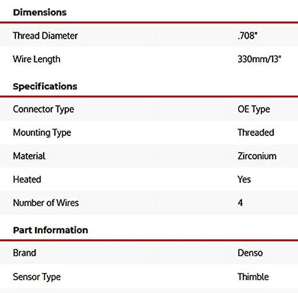 Denso Oxygen Sensor 4 Wire, Direct Fit, Heated, Wire Length: 13.19