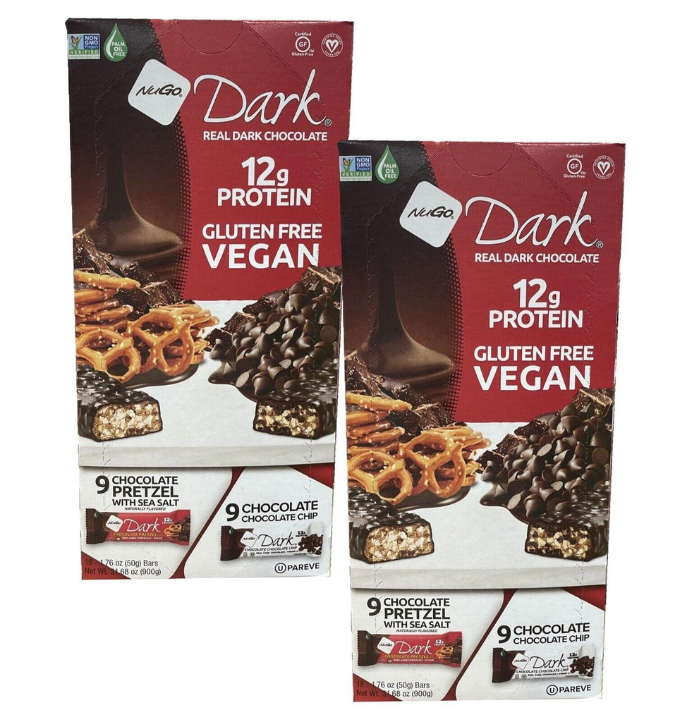 2 Packs Nugo Dark 18 Ct Bars 9 Pretzel&amp;Sea Salt 9 Chocolate Chip Vegan Protein