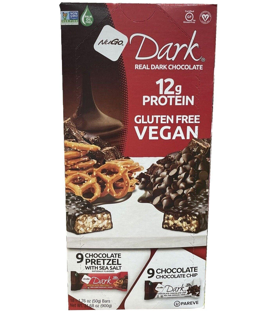 2 Packs Nugo Dark 18 Ct Bars 9 Pretzel&amp;Sea Salt 9 Chocolate Chip Vegan Protein