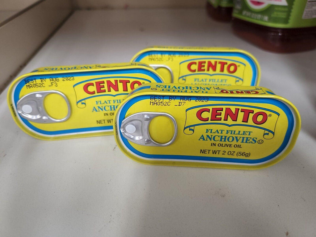 CENTO FLAT FILLET ANCHOVIES in OLIVE OIL, 2 OZ, 3 PACK. Salt Added. Kosher