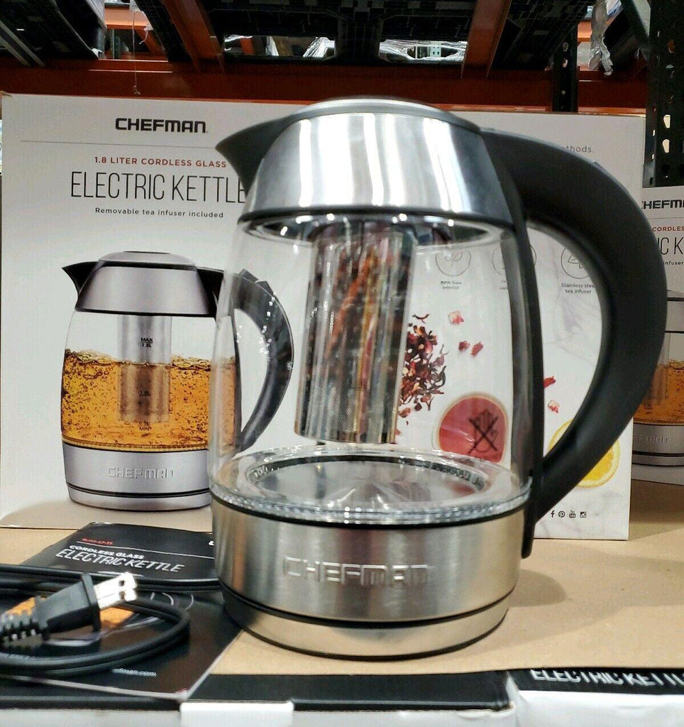 Chefman Electric Cordless Glass Kettle with Tea Infuser &amp; LED Lights 1.8 L