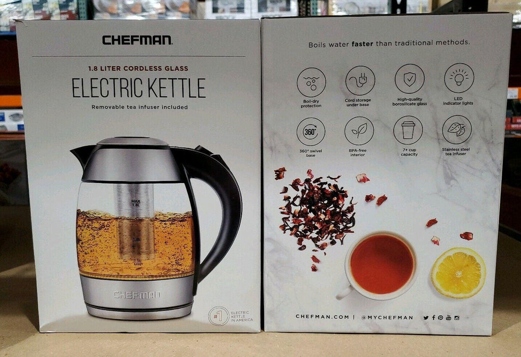 Chefman Electric Cordless Glass Kettle with Tea Infuser &amp; LED Lights 1.8 L