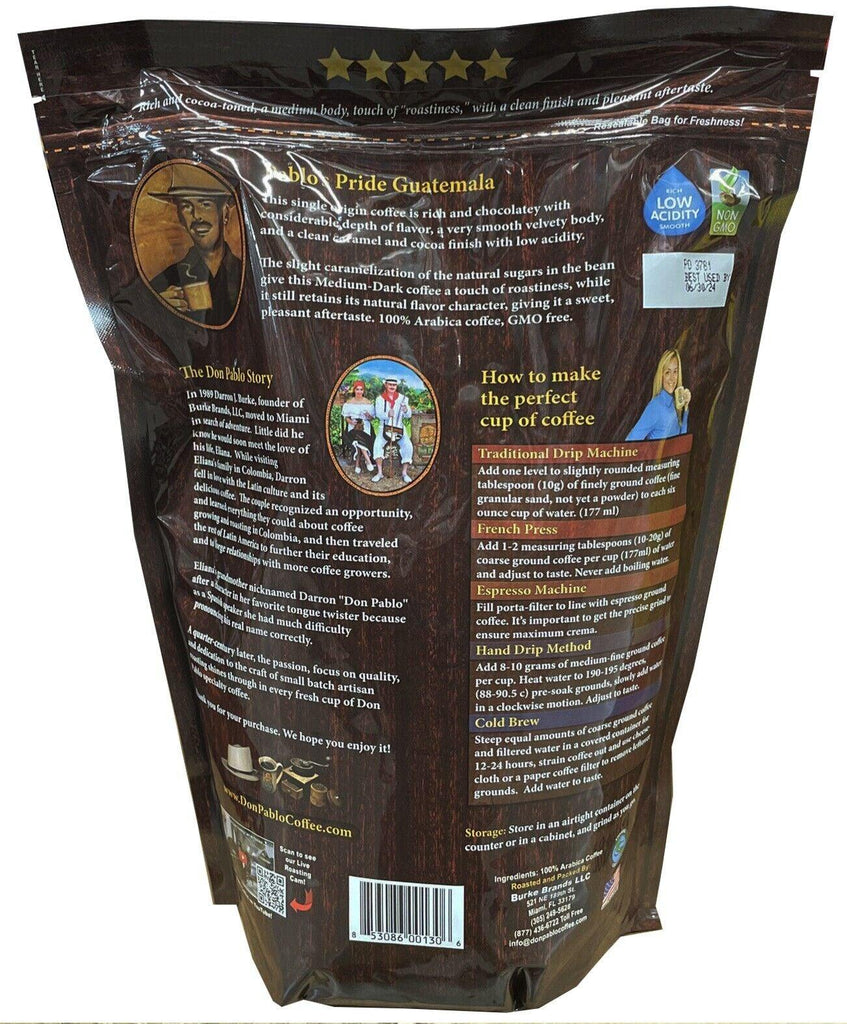 2 Packs Pablo&#039;S Pride Gourmet Guatemala Whole Bean Coffee Medium-Dark Roast 32Oz