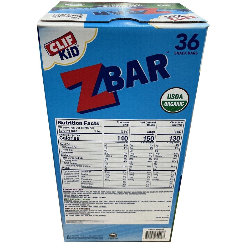 CLIF Kid Zbar 36 Ct 12 Choc Chip 12 Iced Oatmeal 12 Chocolate Brownie