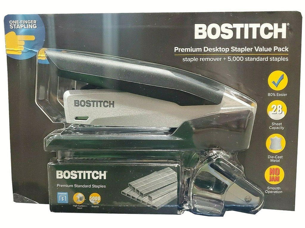 Bostich Premium Desktop Stapler, 28-Sheet Capacity, 5000 Staples, Black/Silver