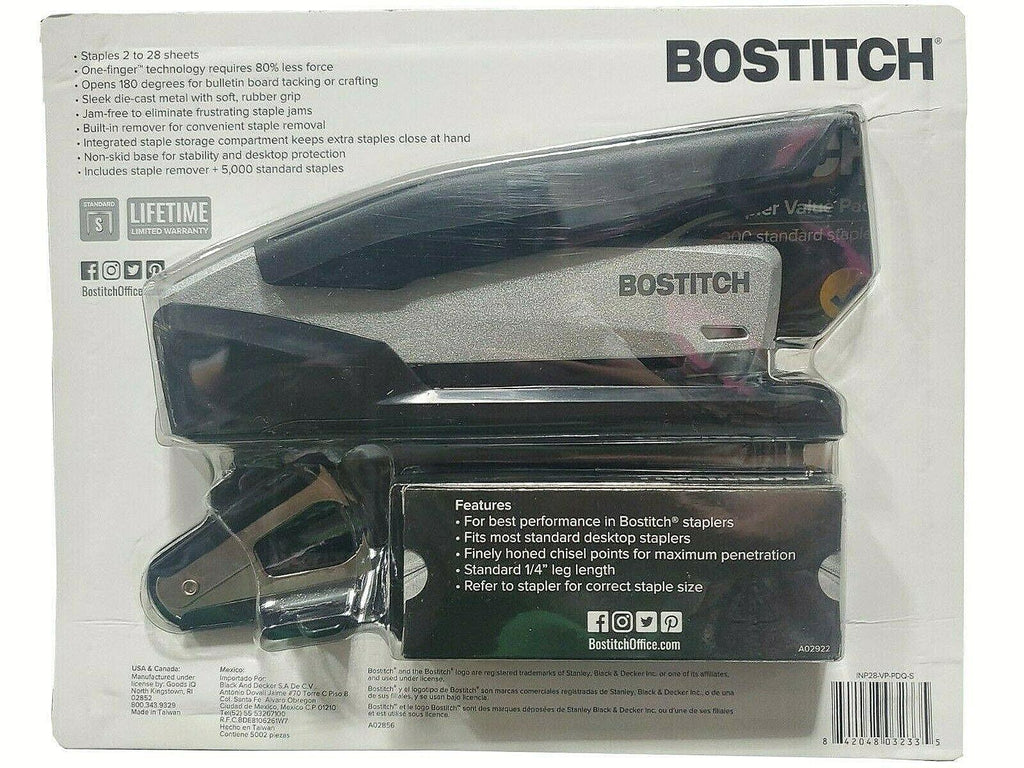 Bostich Premium Desktop Stapler, 28-Sheet Capacity, 5000 Staples, Black/Silver