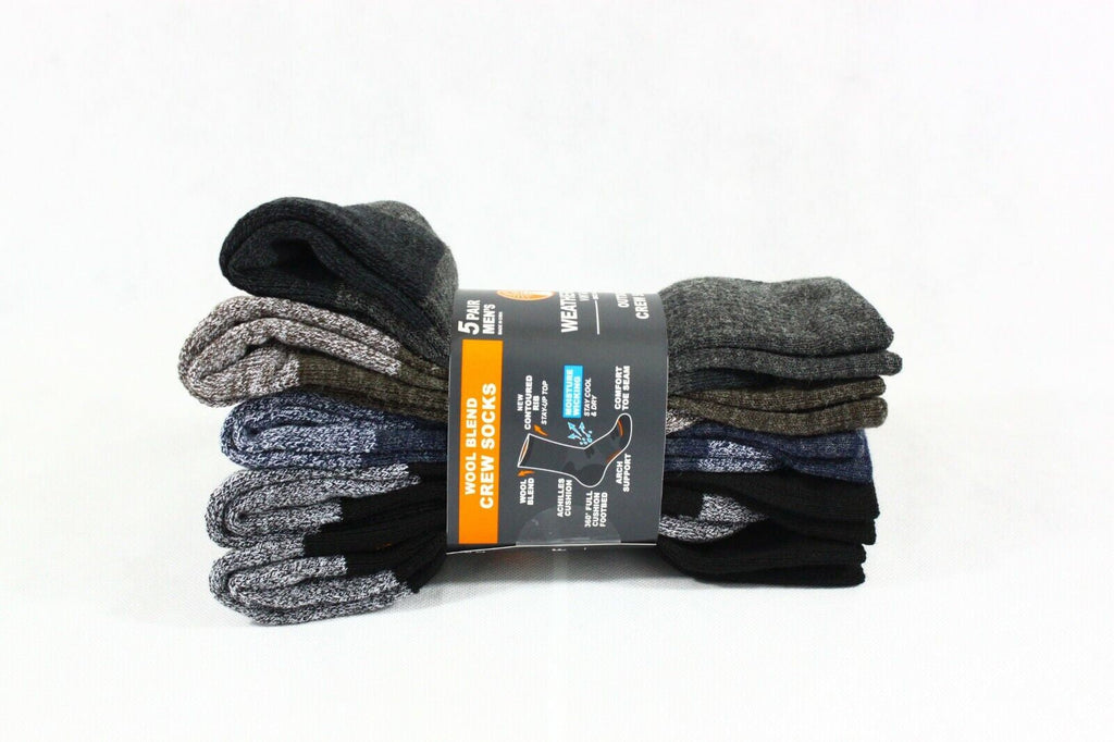 5 Pair New Weatherproof Men’S Outdoor Wool Blend Crew Sock Multi Color Size 6-12