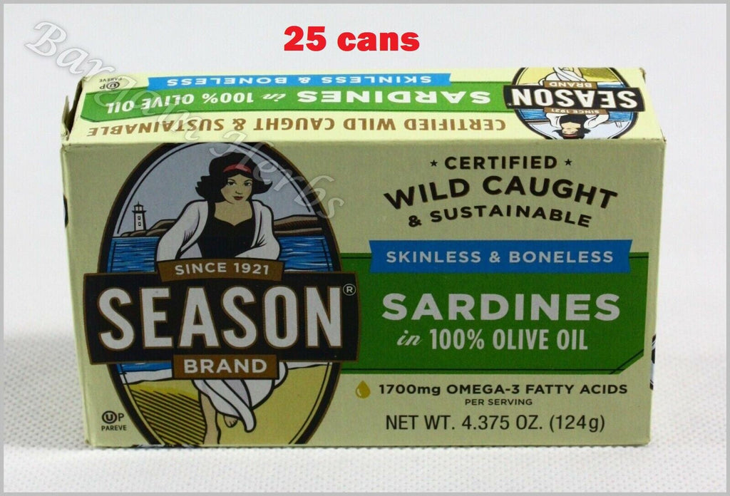 25X Season 4.375Oz Boneless Skinless Sardines in Olive Oil Kosher Free Shipping