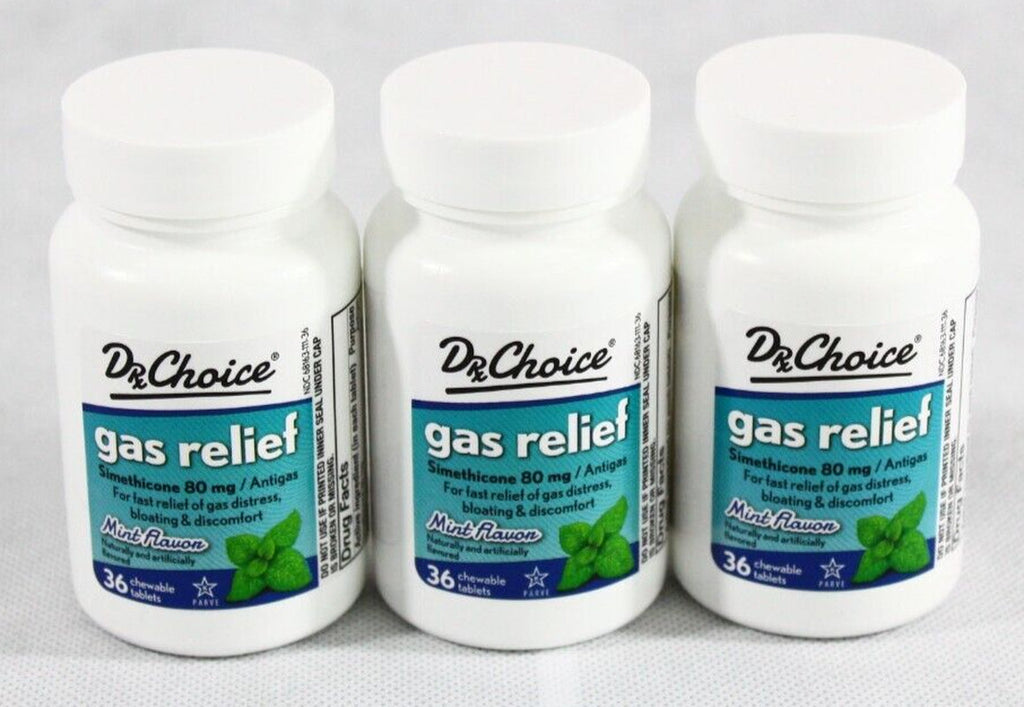 3 Bottles of Dr Choice Gas Relief Simethicone 80Mg 36 Chewable Tablets Exp:10/24