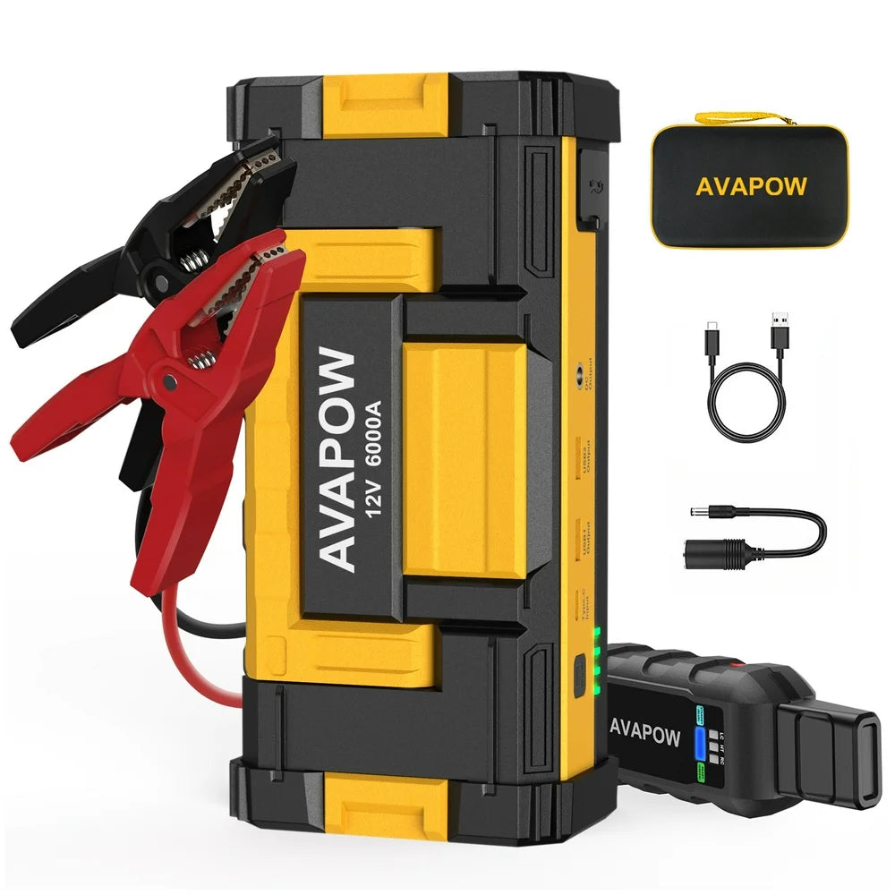 AVAPOW 6000A Car Jump Starter - Upgraded, Dual USB Quick Charge &amp; LED Light, 12V Jump Pack for Gas &amp; 12L Diesel