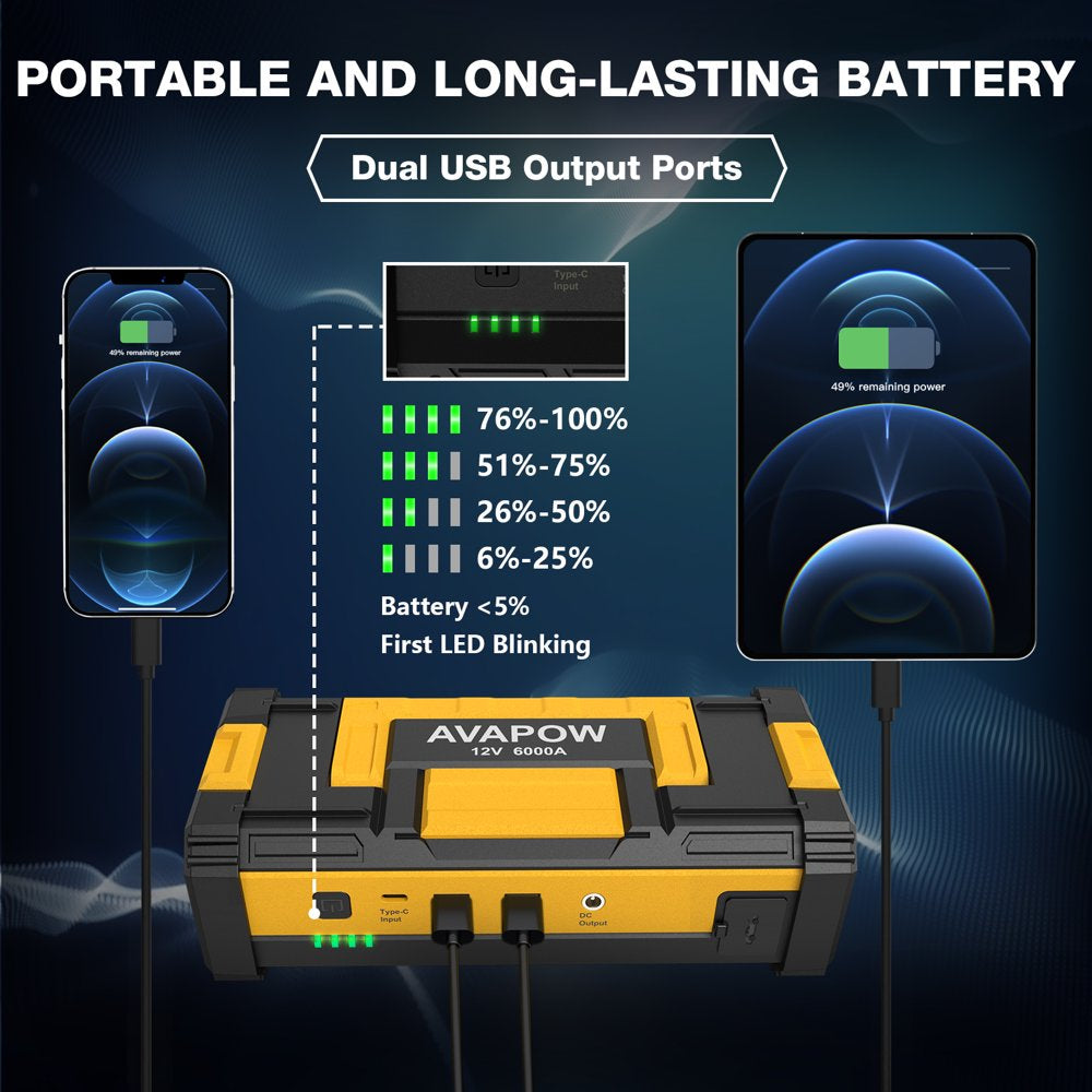 AVAPOW 6000A Car Jump Starter - Upgraded, Dual USB Quick Charge &amp; LED Light, 12V Jump Pack for Gas &amp; 12L Diesel