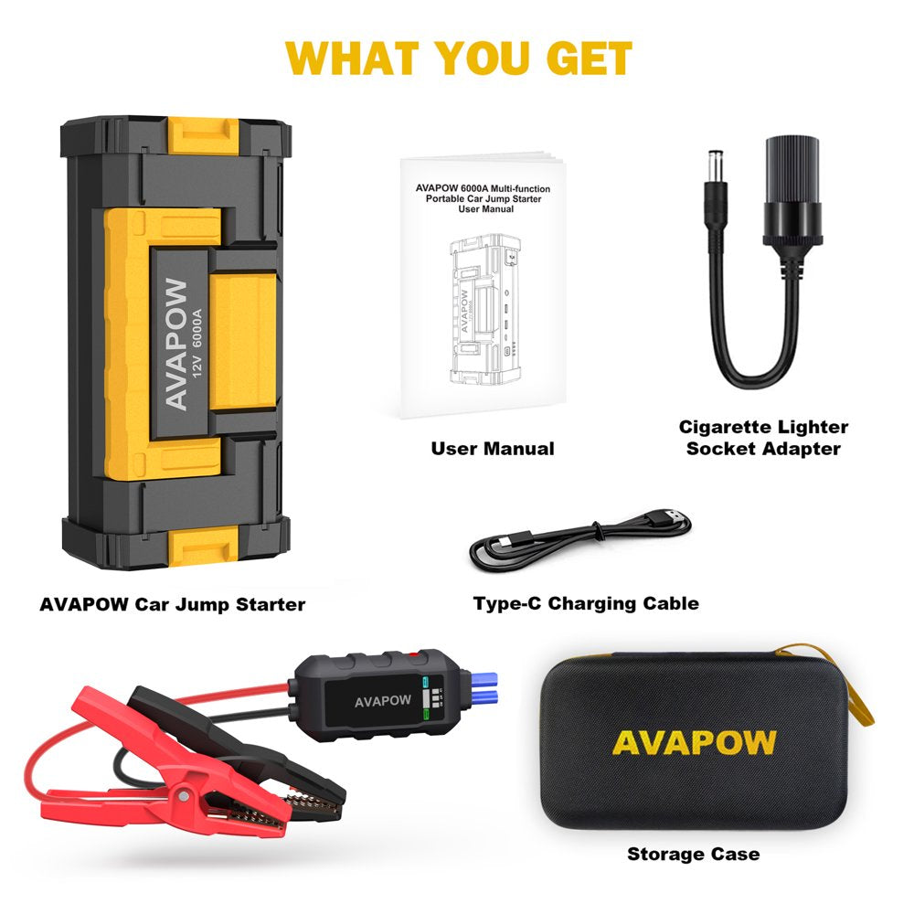 AVAPOW 6000A Car Jump Starter - Upgraded, Dual USB Quick Charge &amp; LED Light, 12V Jump Pack for Gas &amp; 12L Diesel