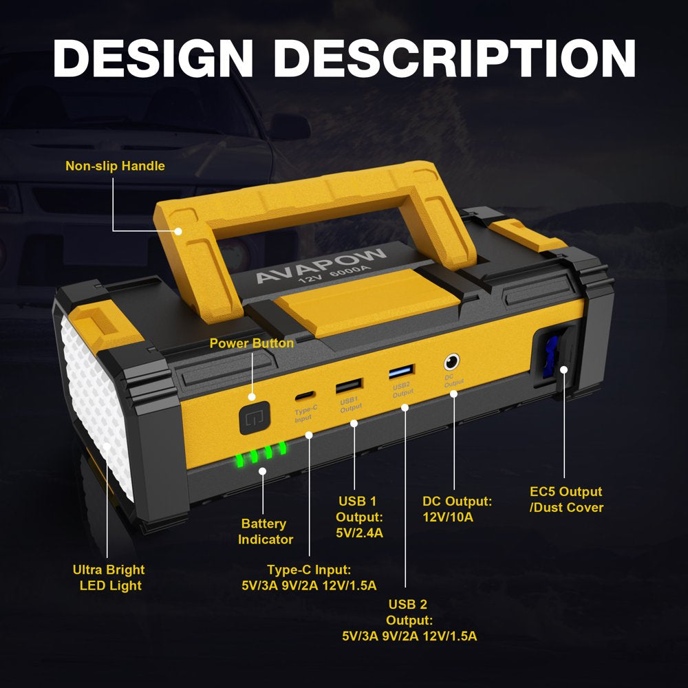 AVAPOW 6000A Car Jump Starter - Upgraded, Dual USB Quick Charge &amp; LED Light, 12V Jump Pack for Gas &amp; 12L Diesel