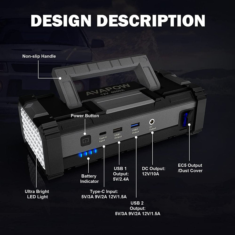 AVAPOW 6000A Car Battery Jump Starter(For All Gas or Upto 12L Diesel) Powerful Car Jump Starter with Dual USB Quick Charge and DC Output,12V Jump Pack with Built-In LED Bright Light