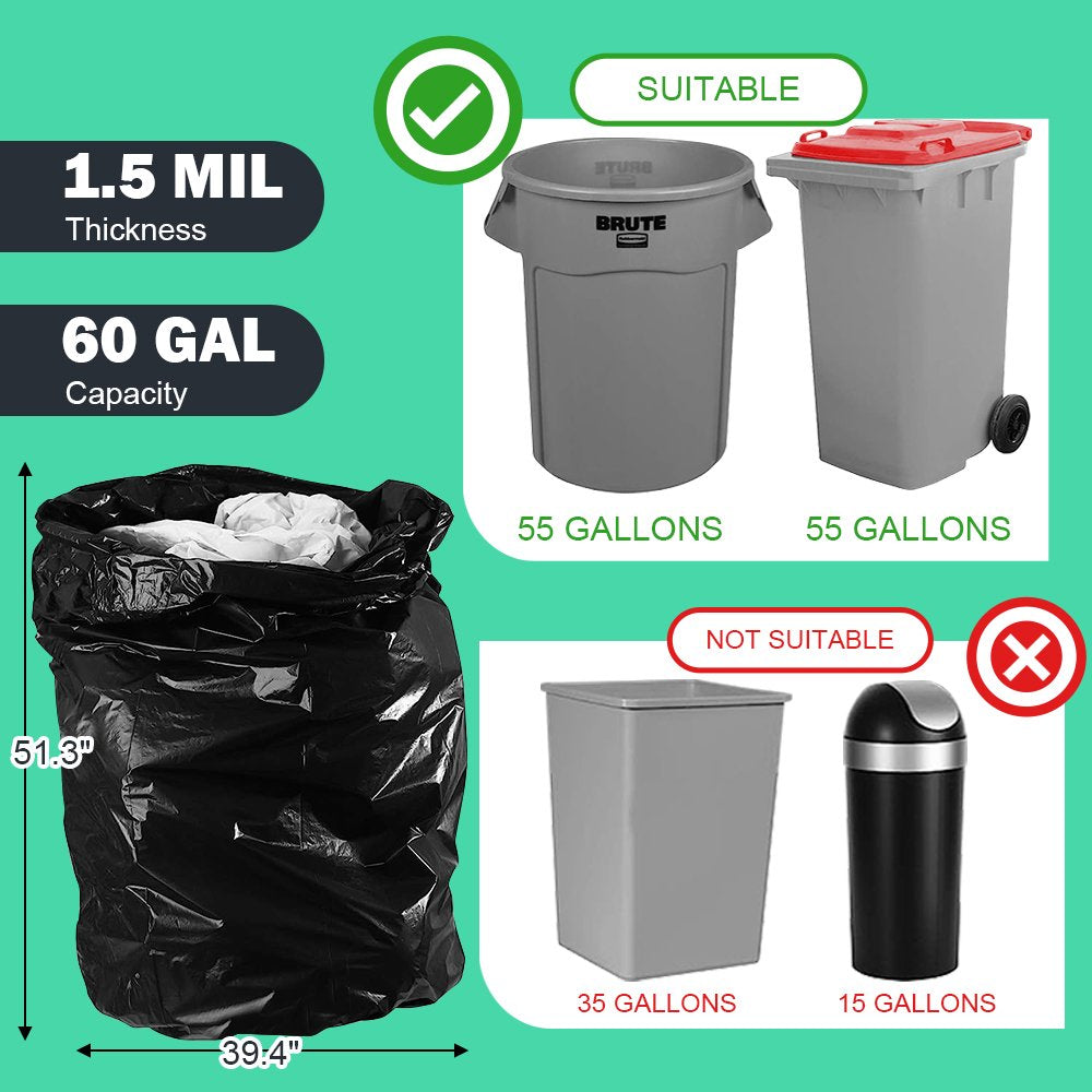 55 Gallon Trash Bags, Heavy Duty Outdoor Garbage Bags (50 Count) for Commercial, Lawn, Leaf and Contractors