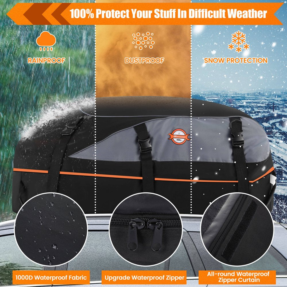 Car Roof Bag 100% Waterproof Rooftop Cargo Carrier, 21 Cu Car Luggage Storage Bag, Car Top Carrier Bag Black, Orange