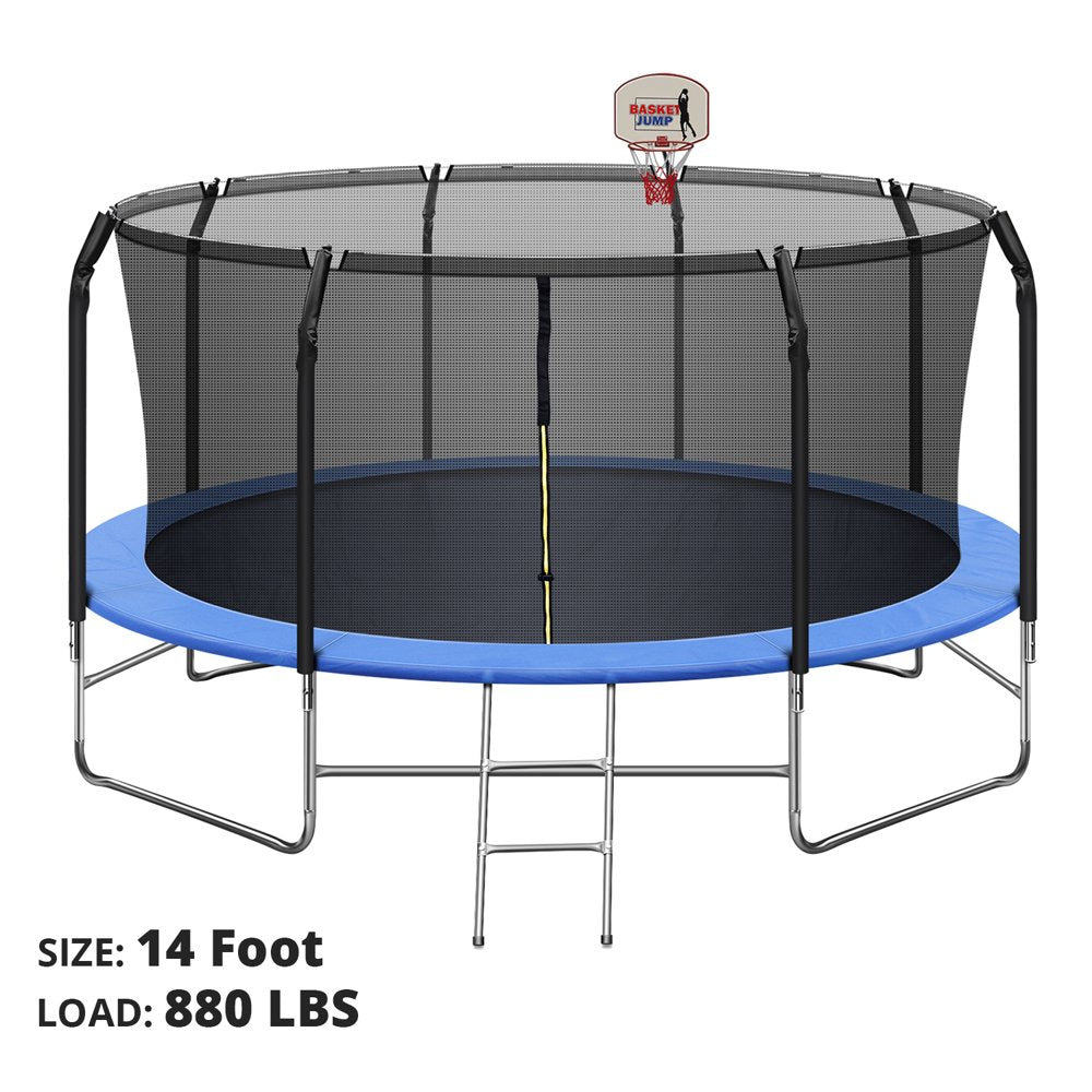 14FT Trampoline with Basketball Hoop&amp;Safety Enclosure Net, 880LBS Capacity 4 Kids, Waterproof Mat and Ladder, Outdoor Backyard Trampolines, Basketball Trampoline for Kids/Adults