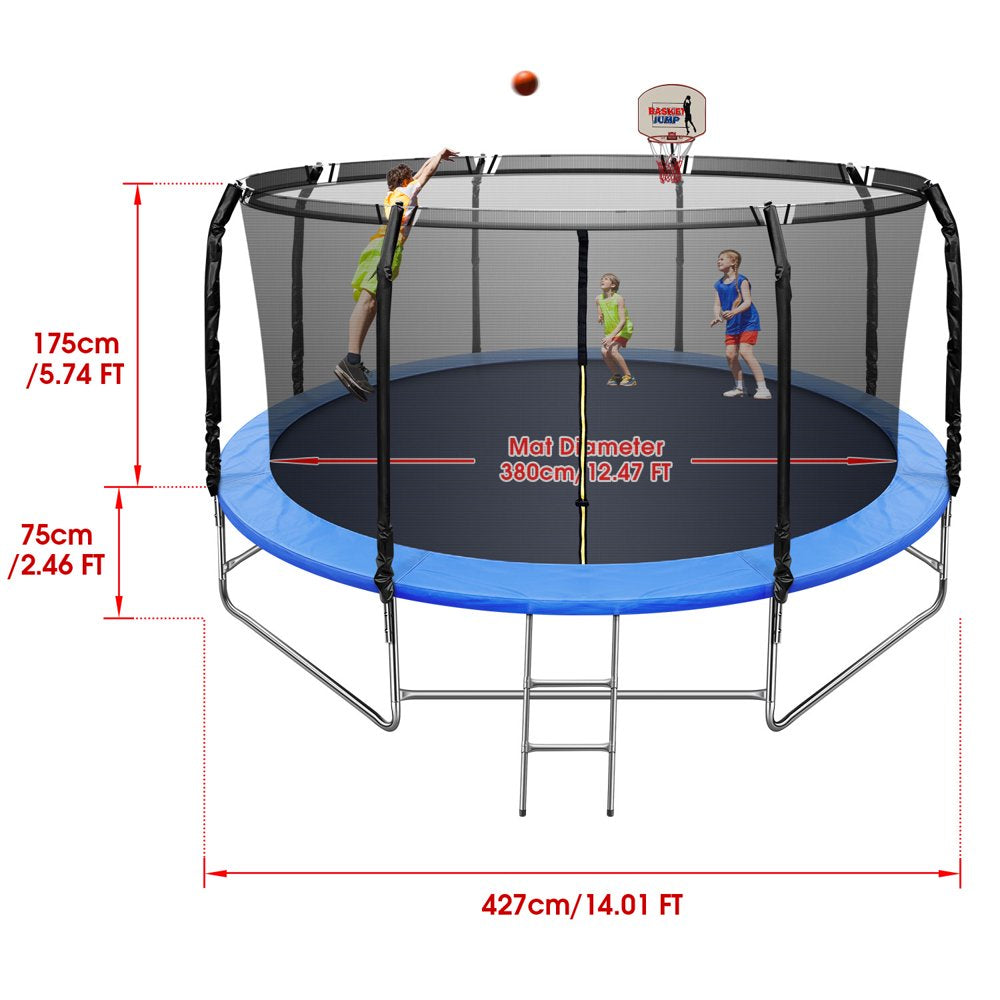 14FT Trampoline with Basketball Hoop&amp;Safety Enclosure Net, 880LBS Capacity 4 Kids, Waterproof Mat and Ladder, Outdoor Backyard Trampolines, Basketball Trampoline for Kids/Adults