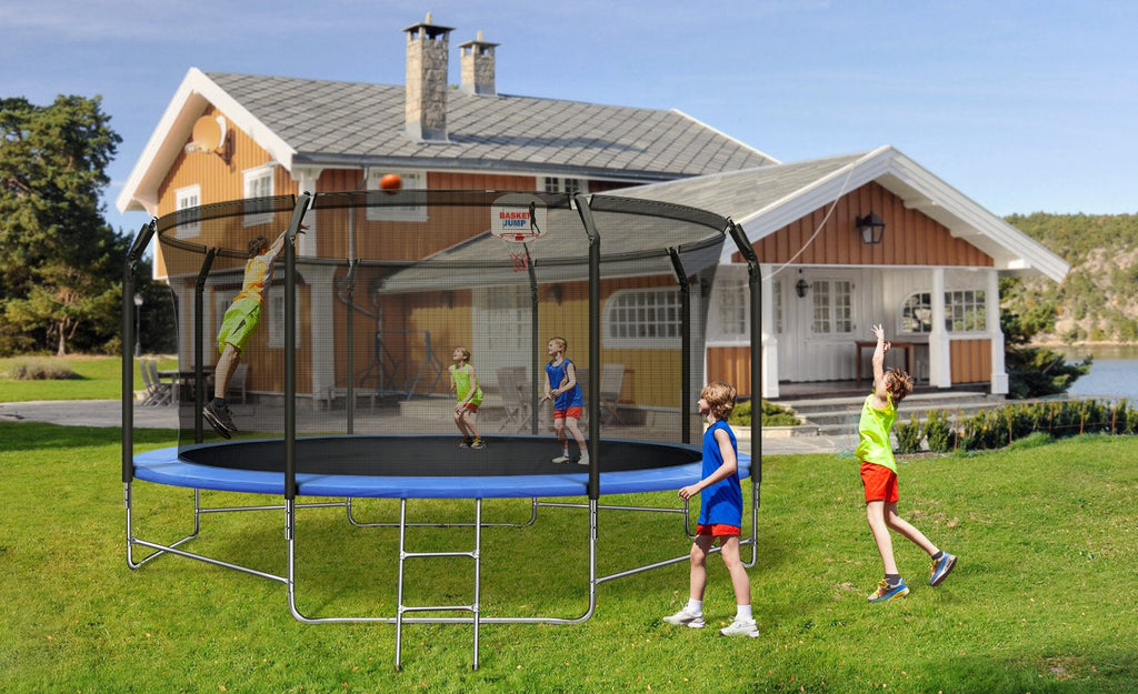 14FT Trampoline with Basketball Hoop&amp;Safety Enclosure Net, 880LBS Capacity 4 Kids, Waterproof Mat and Ladder, Outdoor Backyard Trampolines, Basketball Trampoline for Kids/Adults