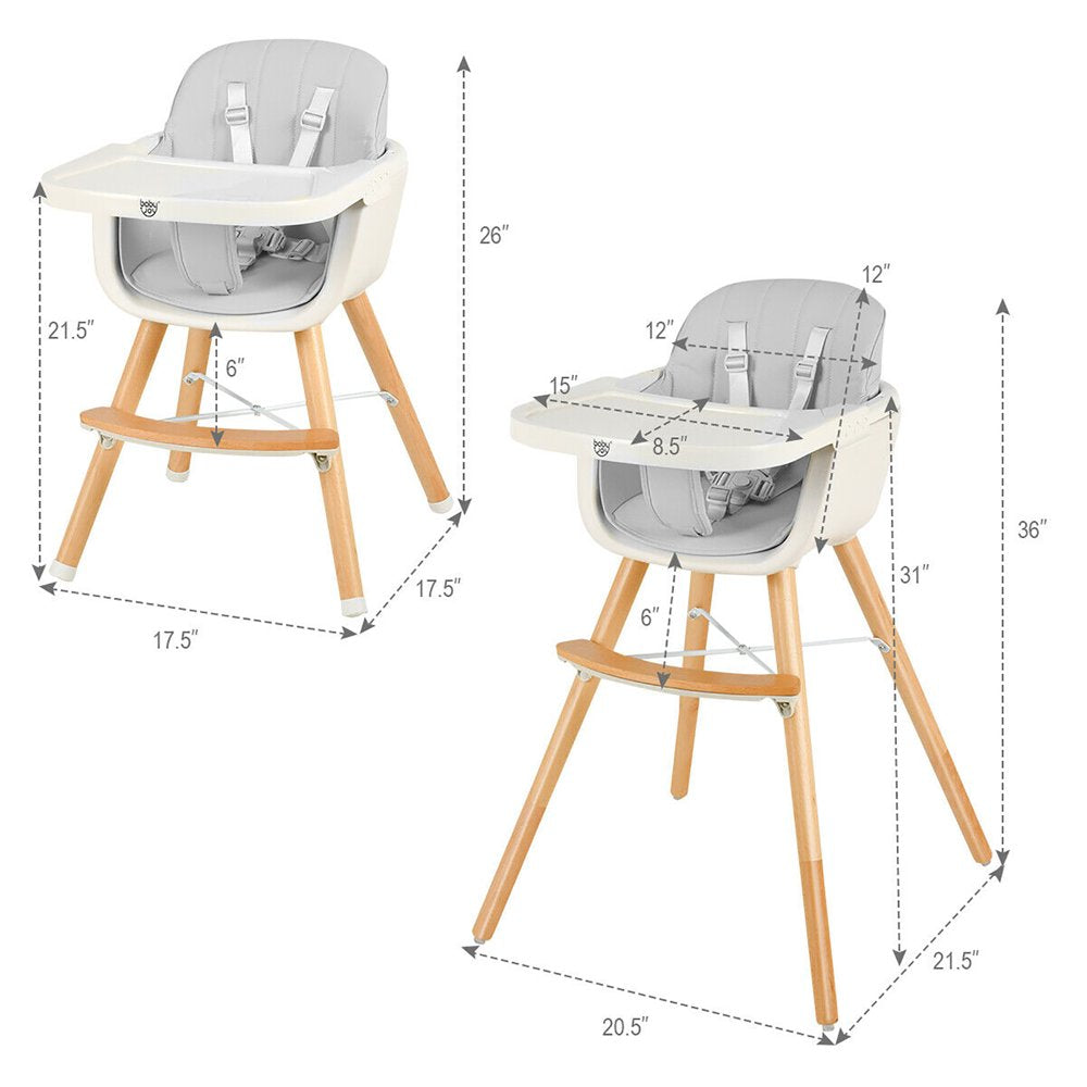 Babyjoy 3 in 1 Convertible Wooden High Chair Baby Toddler Highchair W/ Cushion Gray