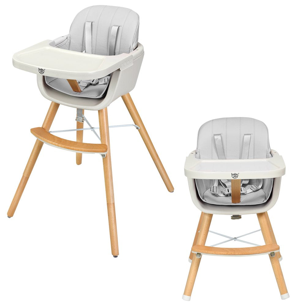 Babyjoy 3 in 1 Convertible Wooden High Chair Baby Toddler Highchair W/ Cushion Gray