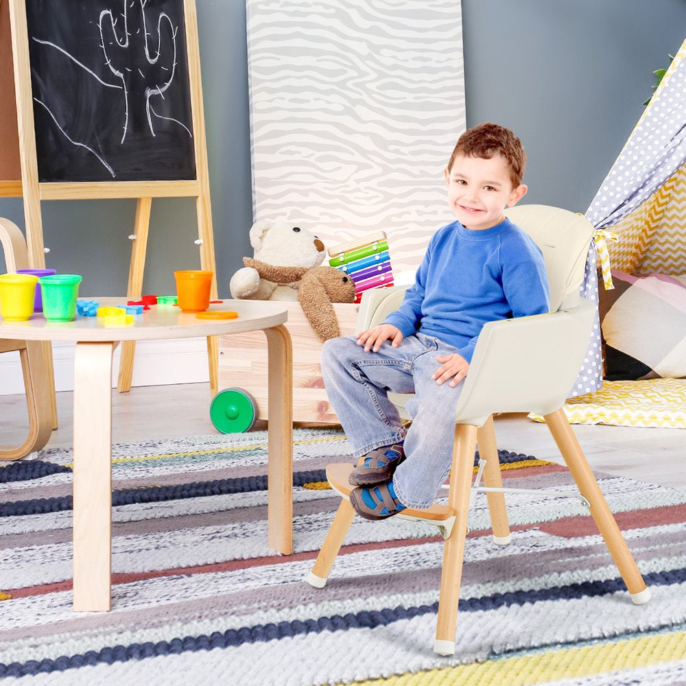 Babyjoy 3 in 1 Convertible Wooden High Chair Baby Toddler Highchair W/ Cushion Beige