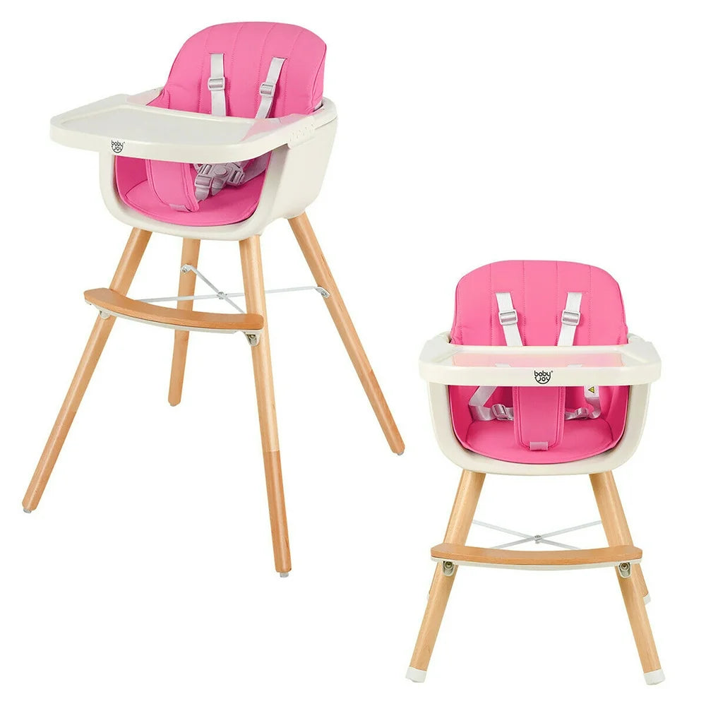 Babyjoy 3 in 1 Convertible Wooden High Chair Baby Toddler Highchair with Cushion Pink