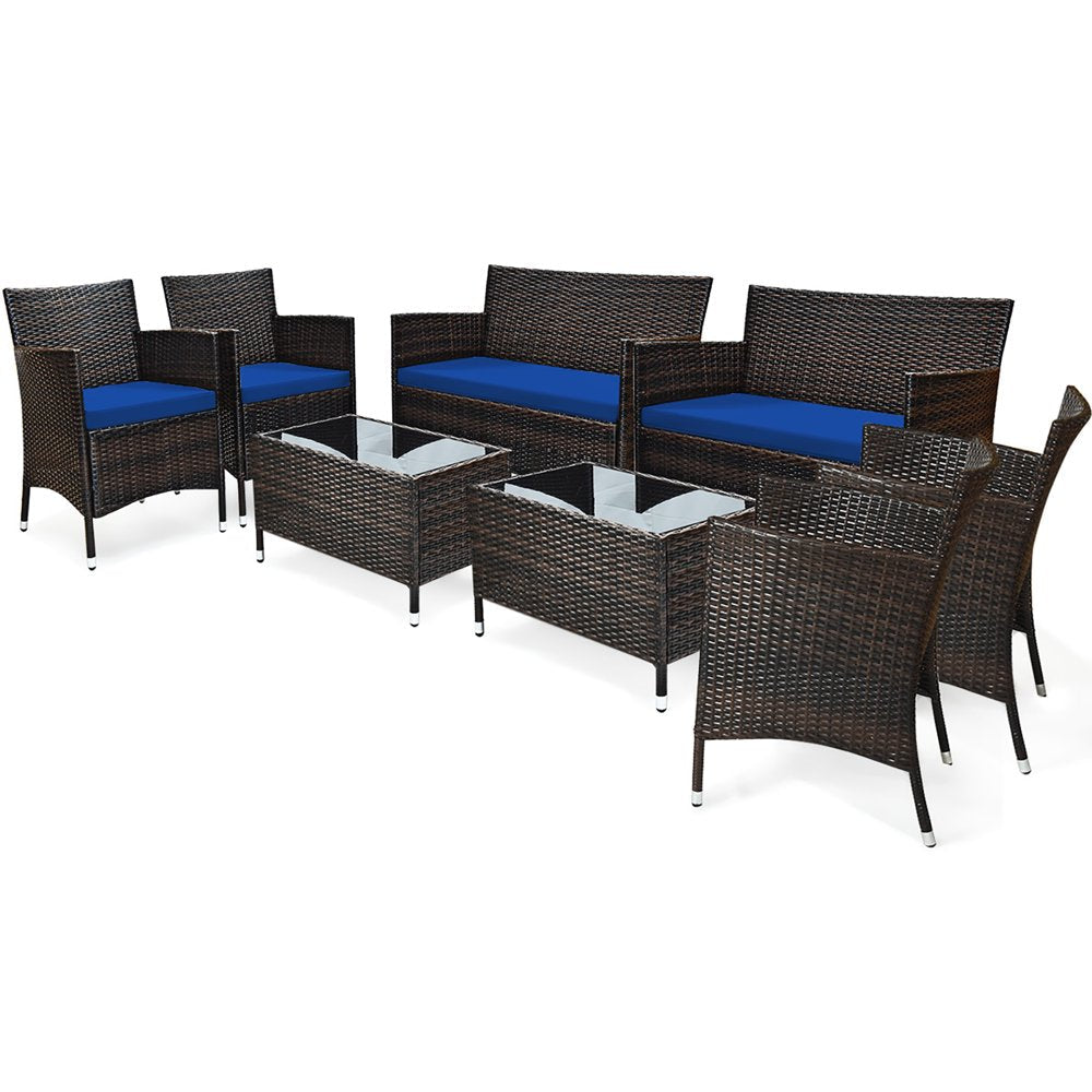 Costway 8PCS Rattan Patio Furniture Set Cushioned Sofa Chair Coffee Table Navy