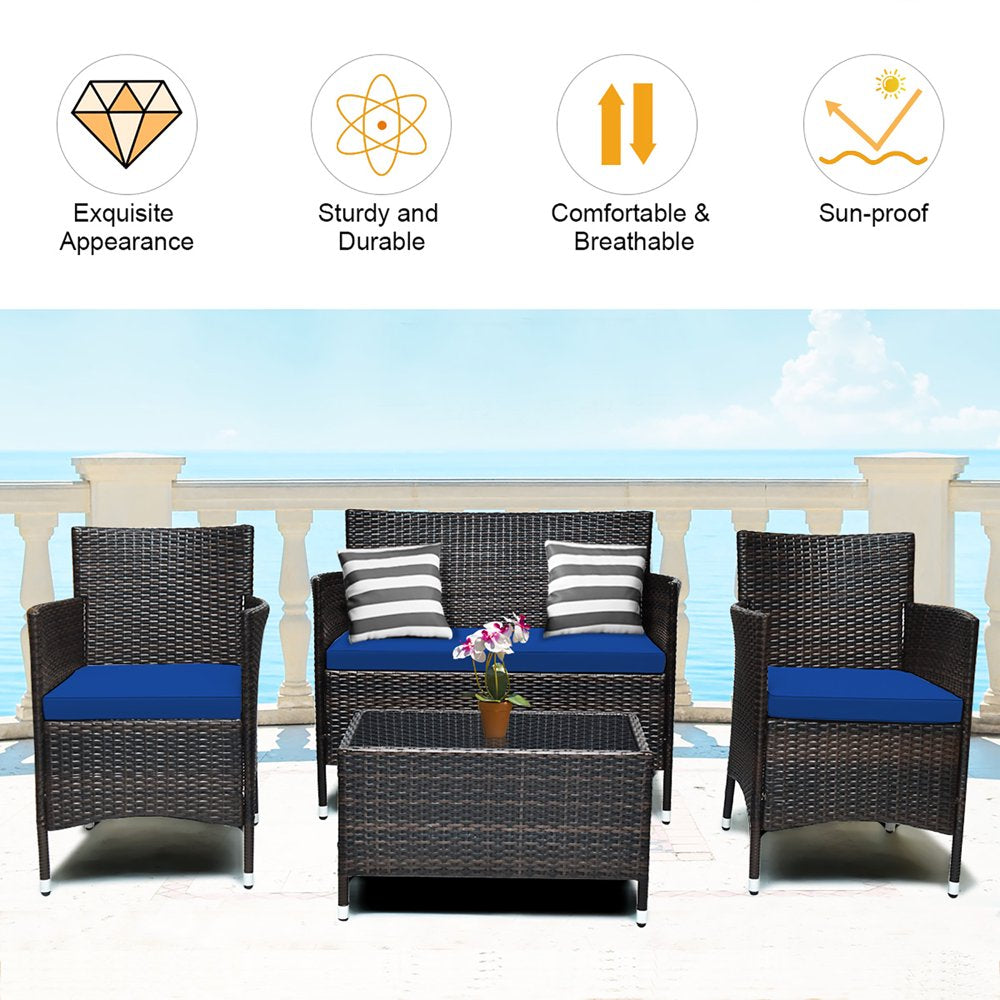 Costway 8PCS Rattan Patio Furniture Set Cushioned Sofa Chair Coffee Table Navy