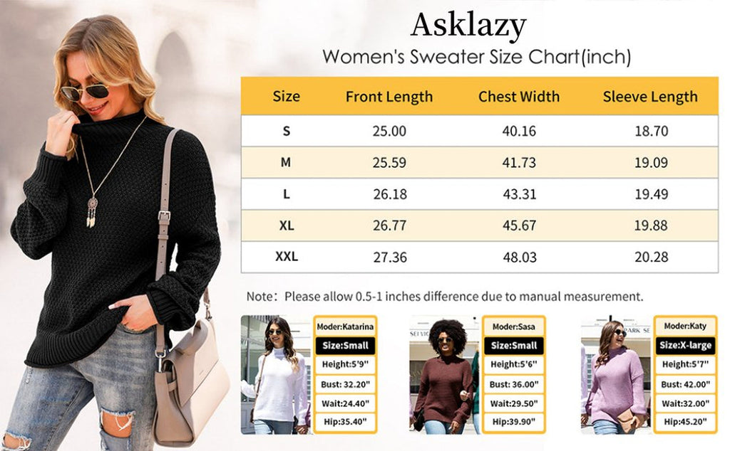 Asklazy Women&#039;S Turtleneck Oversized Sweaters Batwing Long Sleeve Pullover Loose Chunky Knit Jumper