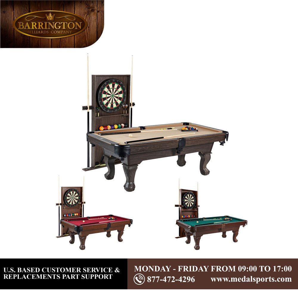 Barrington Billiards 90&quot; Ball and Claw Leg Pool Table with Cue Rack, Dartboard Set, Tan, New