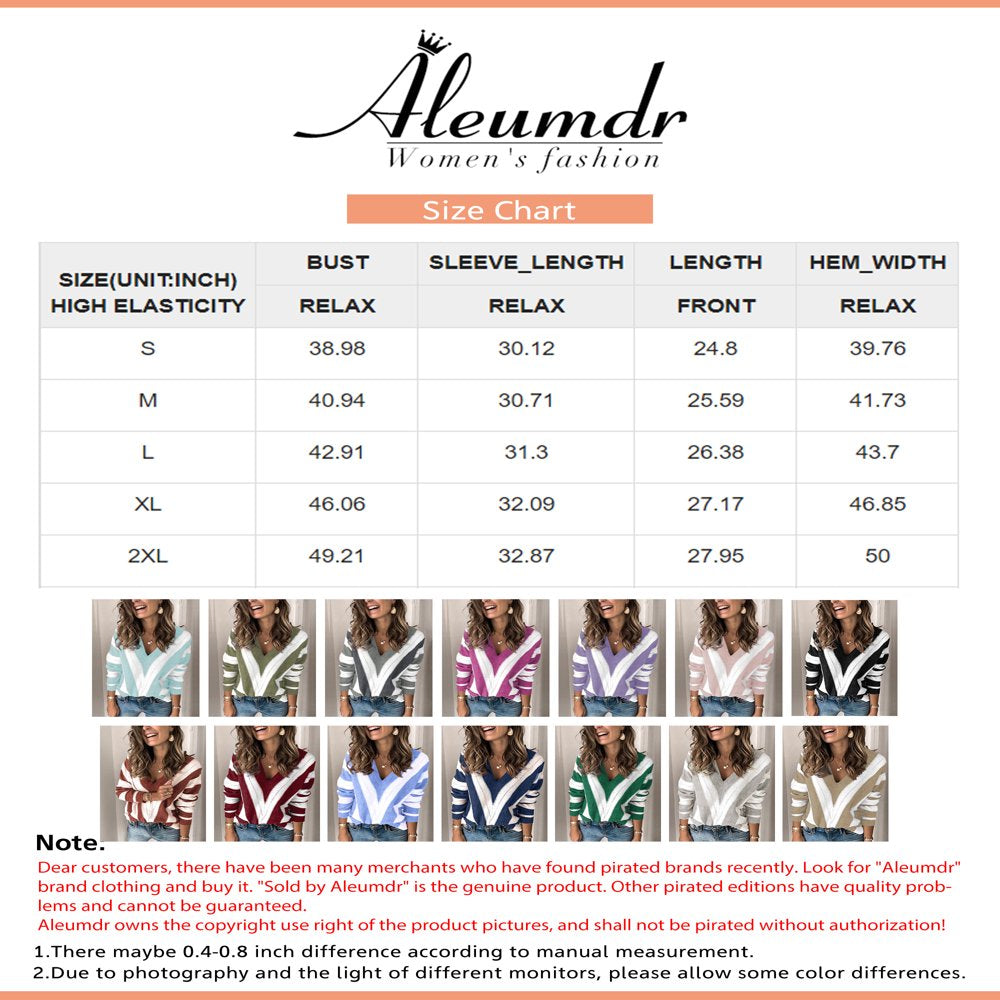 Aleumdr Sweater for Women Color Block Brown Striped V Neck Long Sleeve Knit Pullover Jumper Tops 12 14