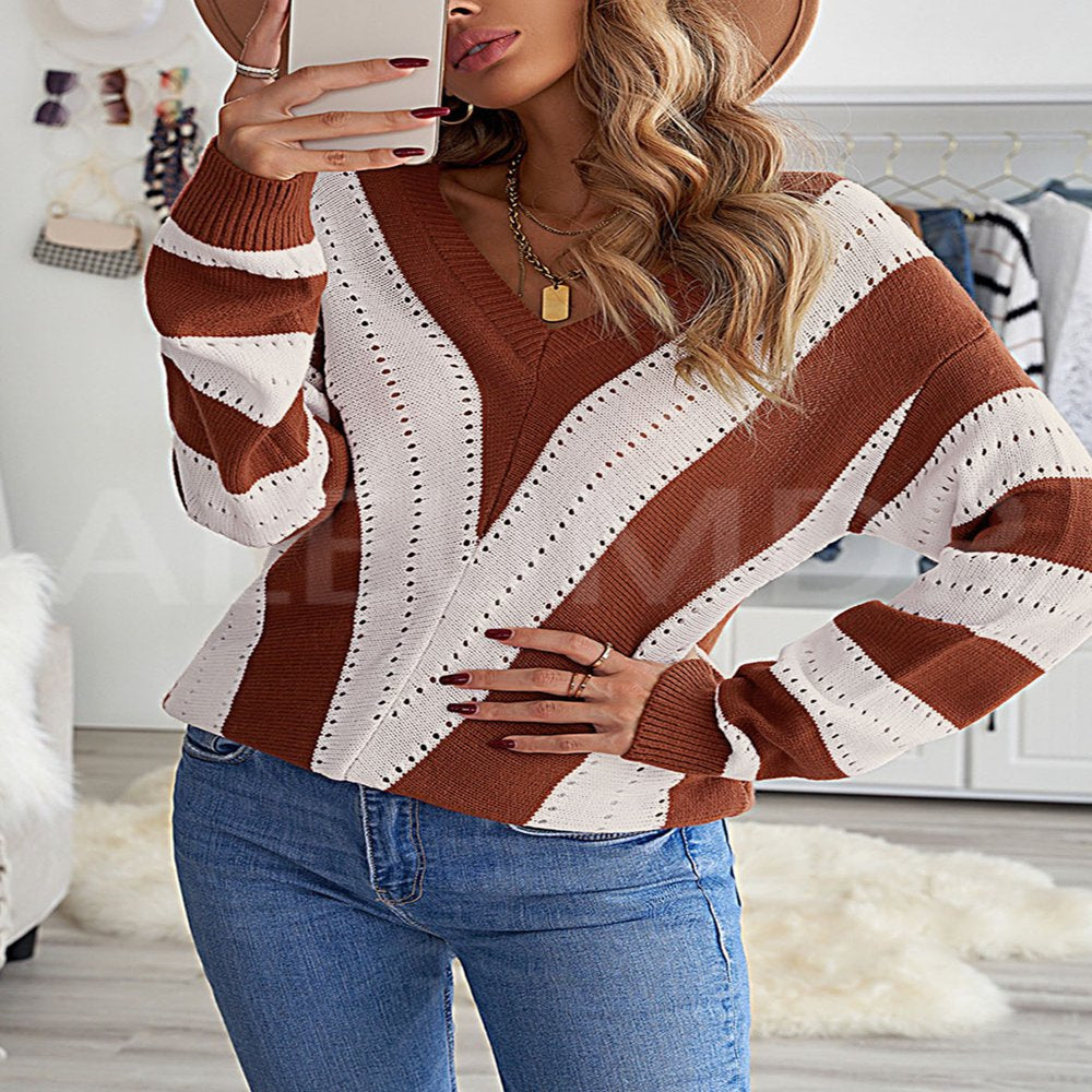 Aleumdr Sweater for Women Color Block Brown Striped V Neck Long Sleeve Knit Pullover Jumper Tops 12 14