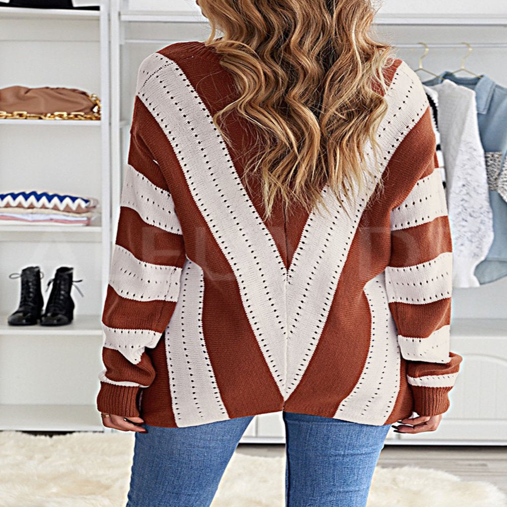 Aleumdr Sweater for Women Color Block Brown Striped V Neck Long Sleeve Knit Pullover Jumper Tops 12 14