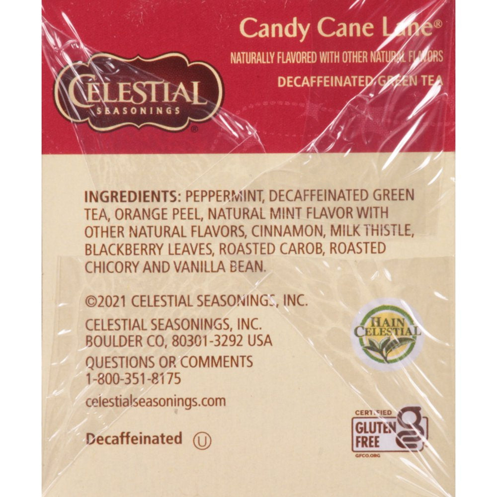 Celestial Seasonings Holiday Decaffeinated Candy Cane Lane Green Tea Bags, 18 Count