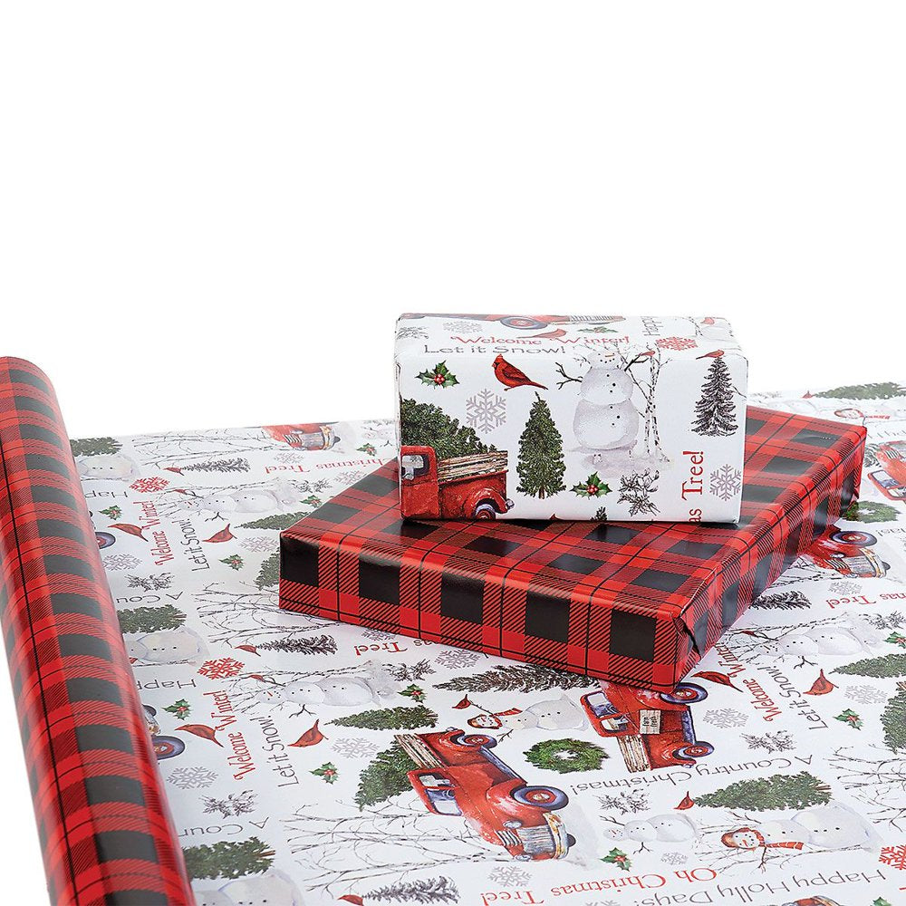 Current Truck Snowman Trees Double-Sided Jumbo Rolled Holiday Gift Wrap Paper - 23&quot; X 32&#039;, 61 Sq Ft.