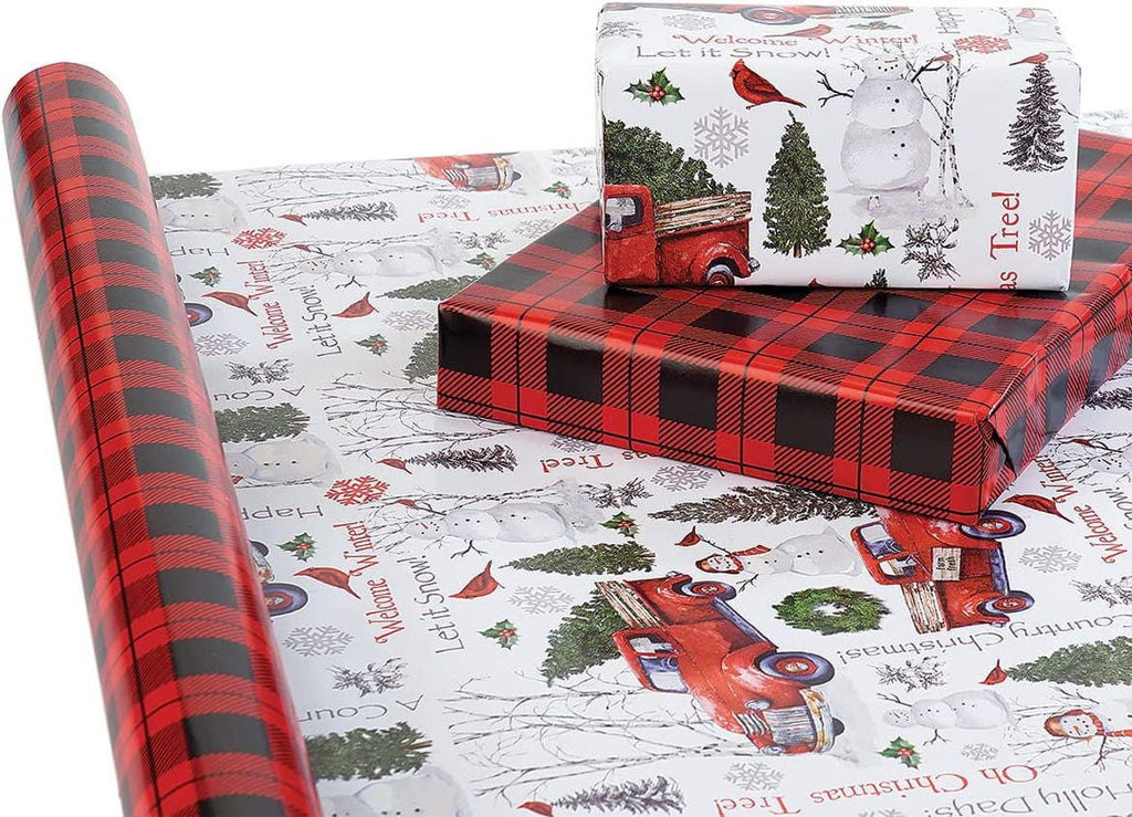 Current Truck Snowman Trees Double-Sided Jumbo Rolled Holiday Gift Wrap Paper - 23&quot; X 32&#039;, 61 Sq Ft.