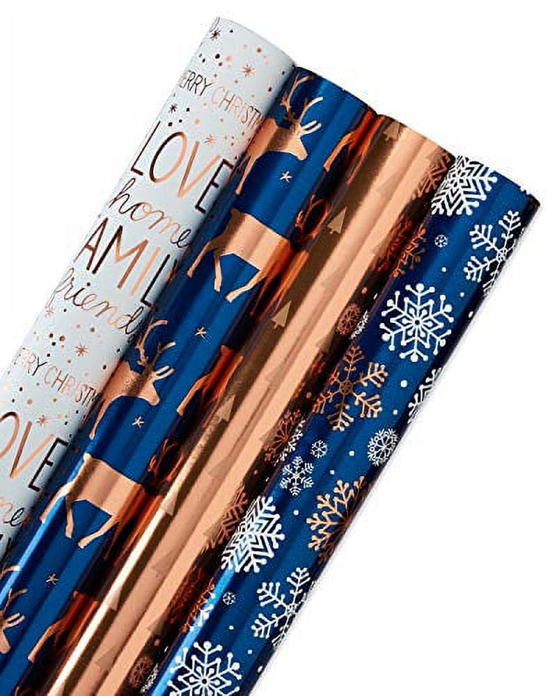 American Greetings 80 Sq. Ft. Reversible Blue Wrapping Paper Bundle for Christmas, Snowflake, Reindeer, Holiday Text (4 Rolls 30 In. X 8 Ft.)