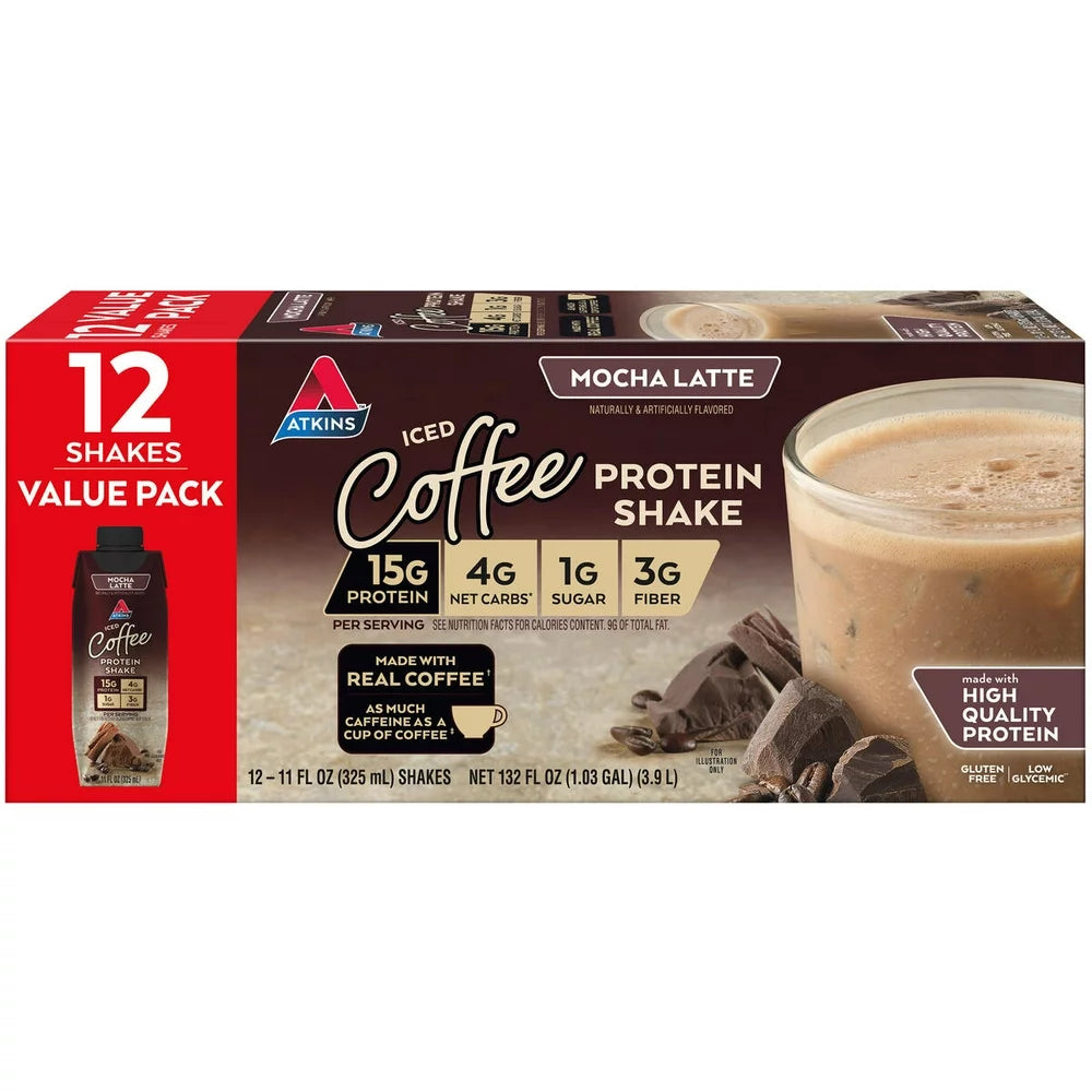 Atkins Mocha Latte Iced Coffee Protein Shake, Low Carb, Low Sugar, Keto Friendly, 12 Ct