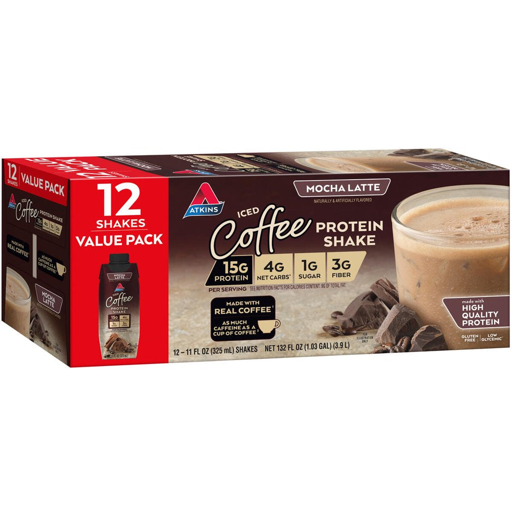 Atkins Mocha Latte Iced Coffee Protein Shake, Low Carb, Low Sugar, Keto Friendly, 12 Ct