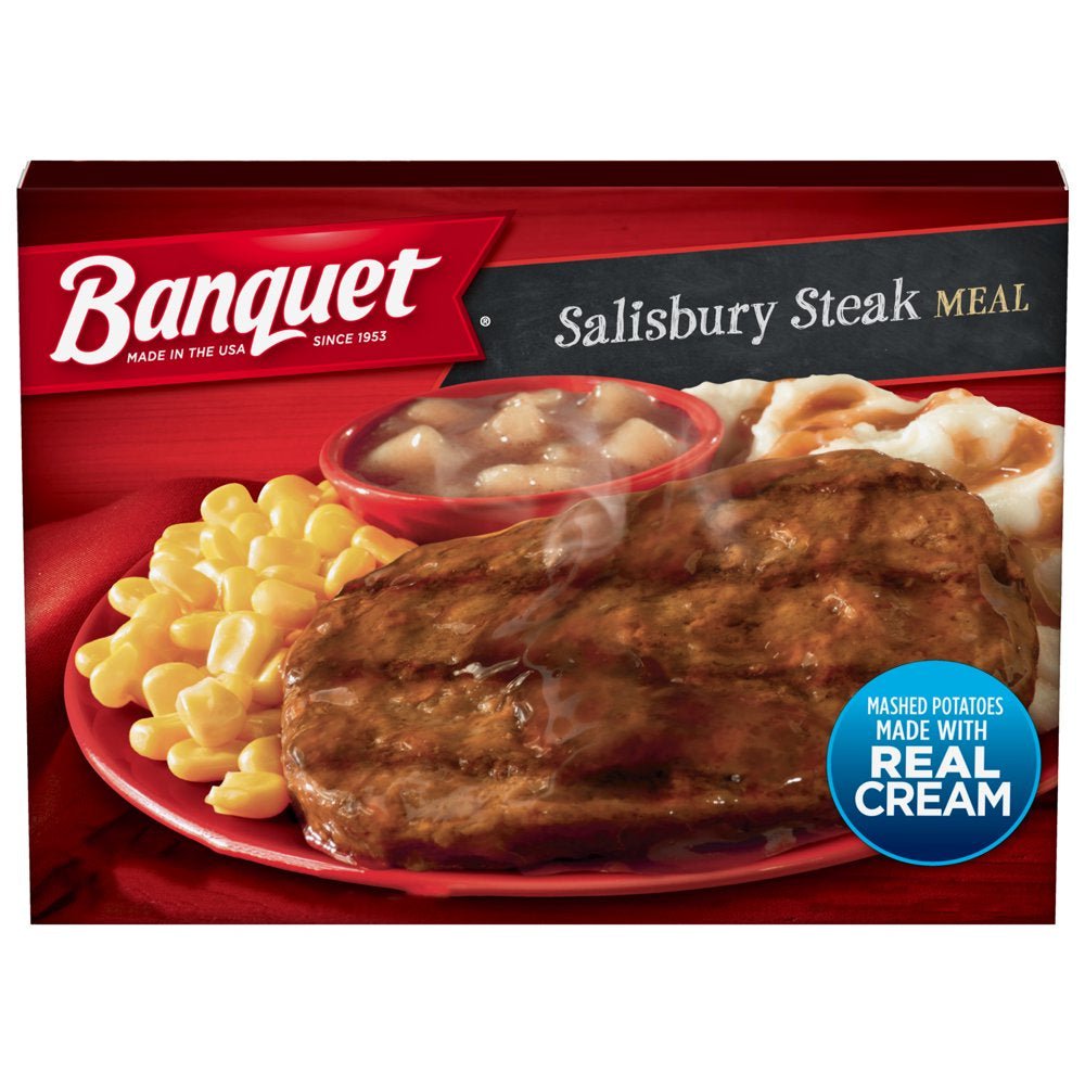 Banquet Salisbury Steak with Creamy Mashed Potatoes and Cinnamon Apple Dessert, Frozen Meal, 11.88 Oz (Frozen)